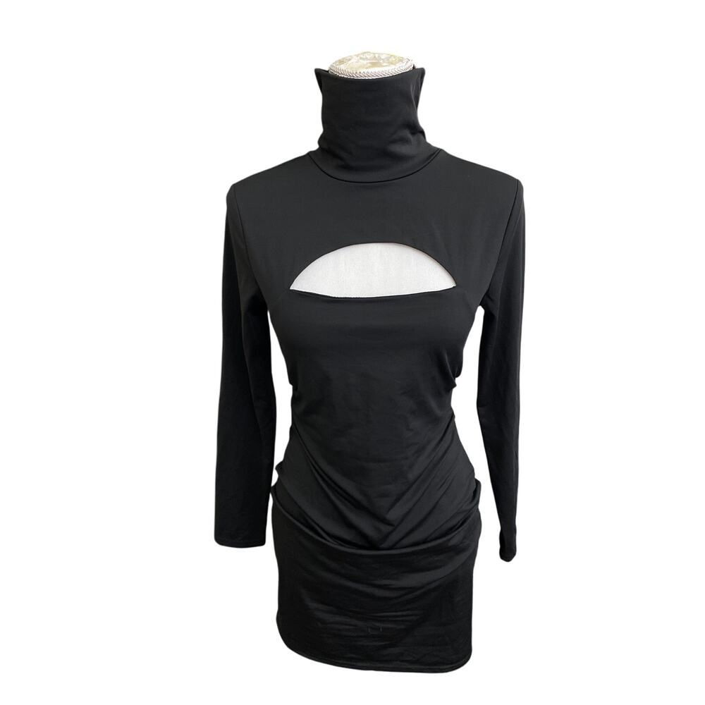 Mock Neck Bodycon Little Black Dress Classic Simple Midi Knee Length Keyhole Cut